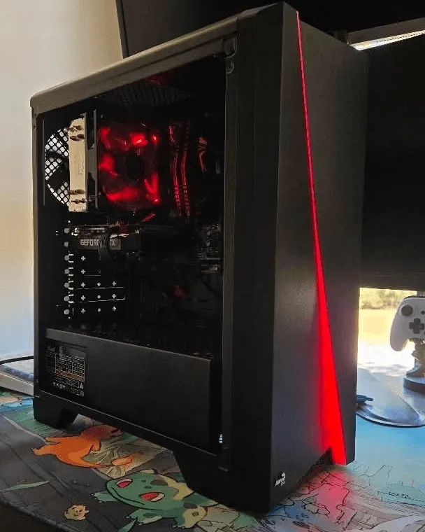 Black mid-tower with a red LED strip down the front panel