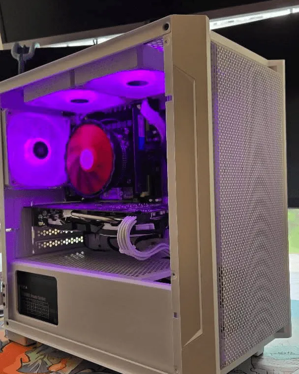 White compact mid-tower with purple RGB fans and mesh front panel